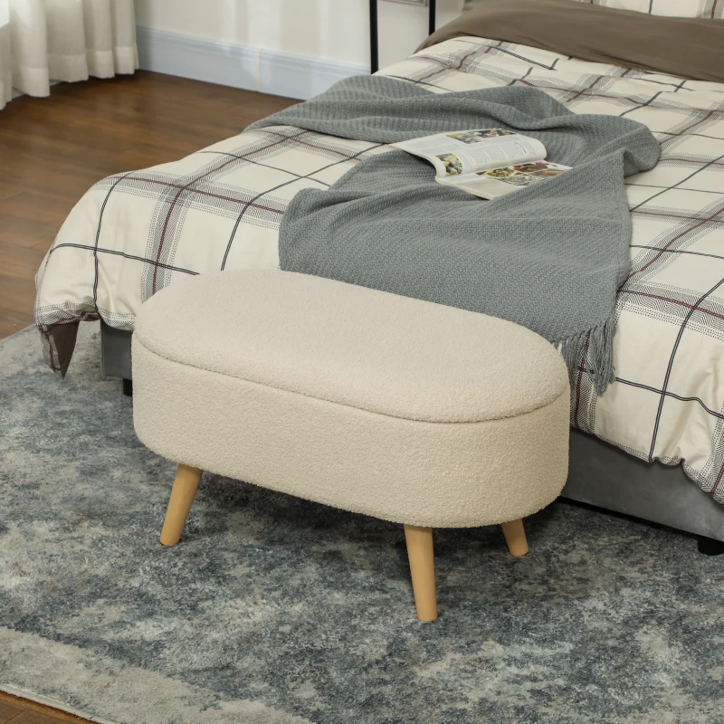 HOMCOM Teddy Fleece Storage Ottoman - Cream White