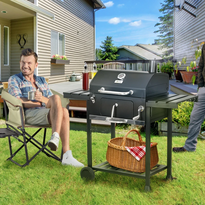 Outsunny Adjustable Charcoal Pan BBQ, with Thermometer and Warming Rack