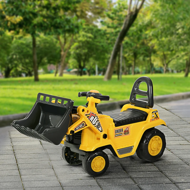 HOMCOM Porteur Enfant tractopelle - Coffre, klaxon, Volant, Levier de Vitesse, Pelle articulée - PP ABS Noir Jaune