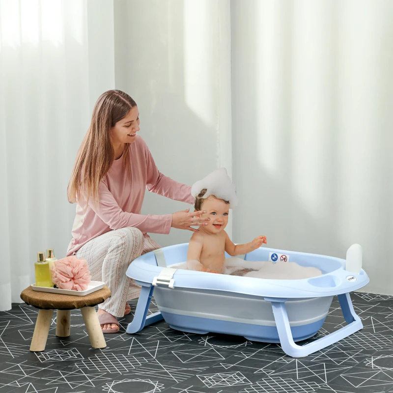 ZONEKIZ Vaschetta Bagnetto Pieghevole Bambini 0-6 Anni con Cuscino e 2 Ripiani, 83x48x23.5 cm, Blu e Bianco