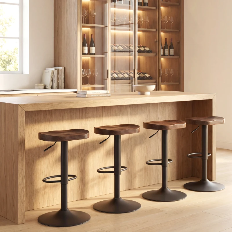 HOMCOM Barhocker Set aus 2, Höhenverstellbare Barstühle mit Sattelsitz aus Ulmenholz in Dunkelbraun