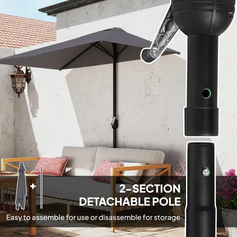 Outsunny Balcony Half Parasol Semi Round Umbrella Patio Crank Handle (2.3 m, Grey)- NO BASE INCLUDED