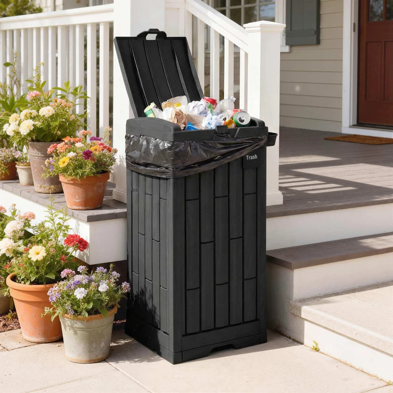 Outsunny 110 L Outdoor Bin with Dual Lid, Waterproof Plastic Trash Bin with Ashtray and Drip Tray, Garden Waste Trash Bin, Black