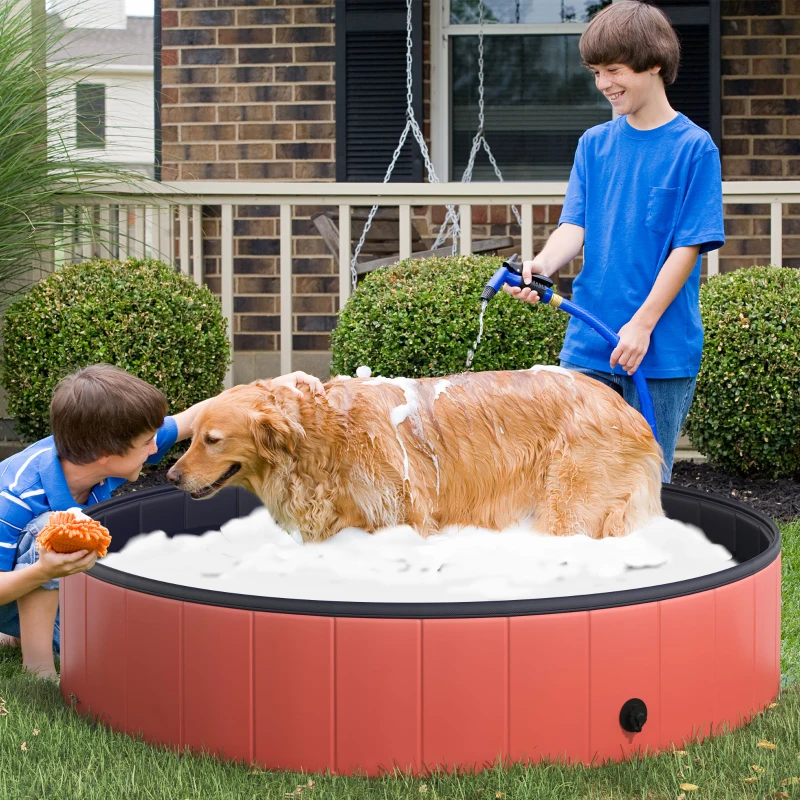 PawHut Piscina Vasca da Bagno Portatile Pieghevole per Cani Animali Domestici in PVC Φ140 x 30cm Rosso