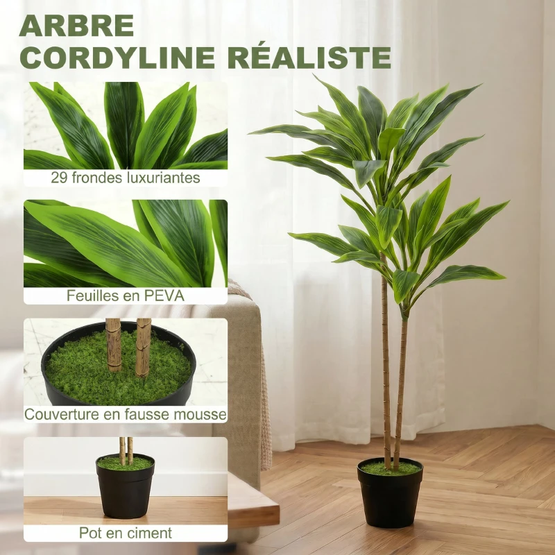 HOMCOM Arbre artificiel cordyline en pot 90 cm avec 29 feuilles réalistes, plante artificielle en PEVA, intérieure et extérieure