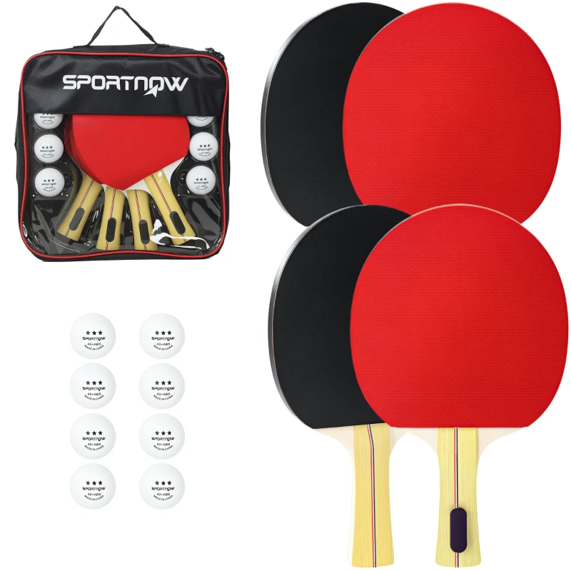 SPORTNOW Set 4 palete de tenis de masă și 8 mingi, cu husă pentru transport, roșu și negru