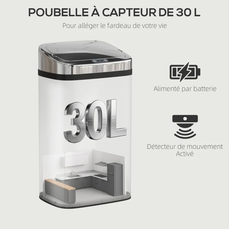 HOMCOM Poubelle à capteur de mouvement ouverture automatique 1 bac de 30 L en acier inoxydable