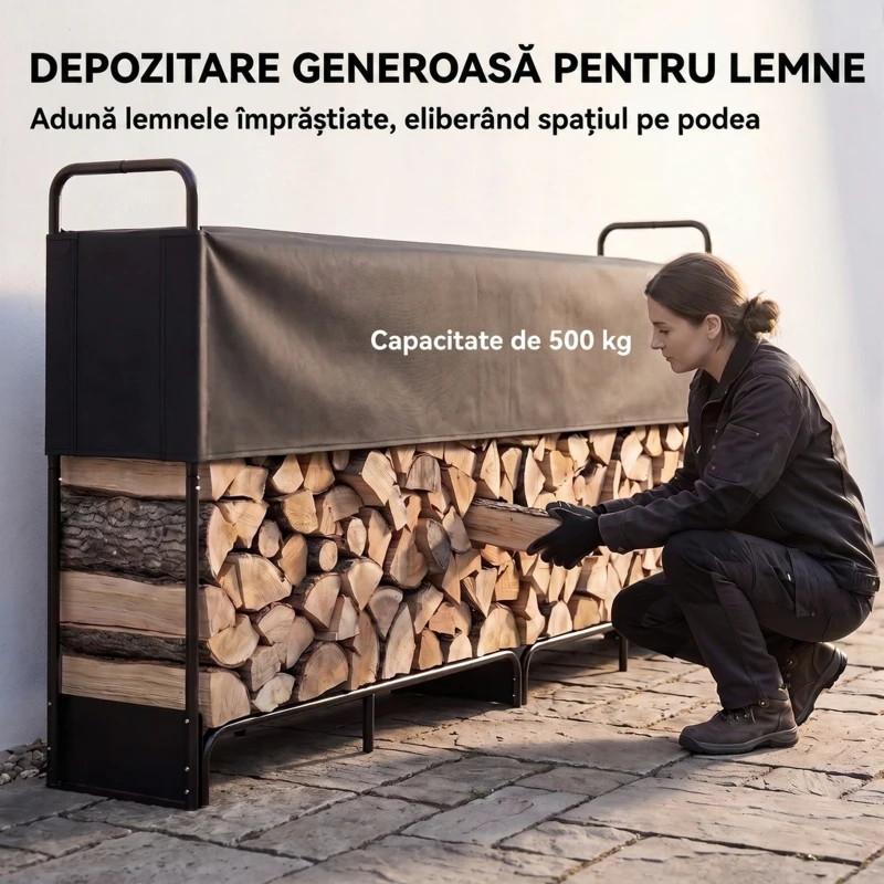 Outsunny Suport Lemne de Foc Interior și Exterior din Oțel Galvanizat cu Husă Oxford, 500 kg, 260x38x118 cm, Negru
