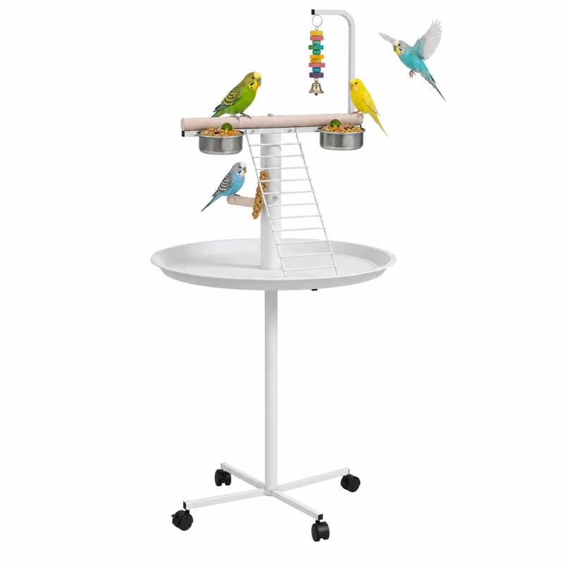 PawHut Mangeoire à oiseaux sur pied avec 4 roulettes perchoir 2 bols amovibles plateau rond acier inoxydable Ø 60 x 138H cm blanc