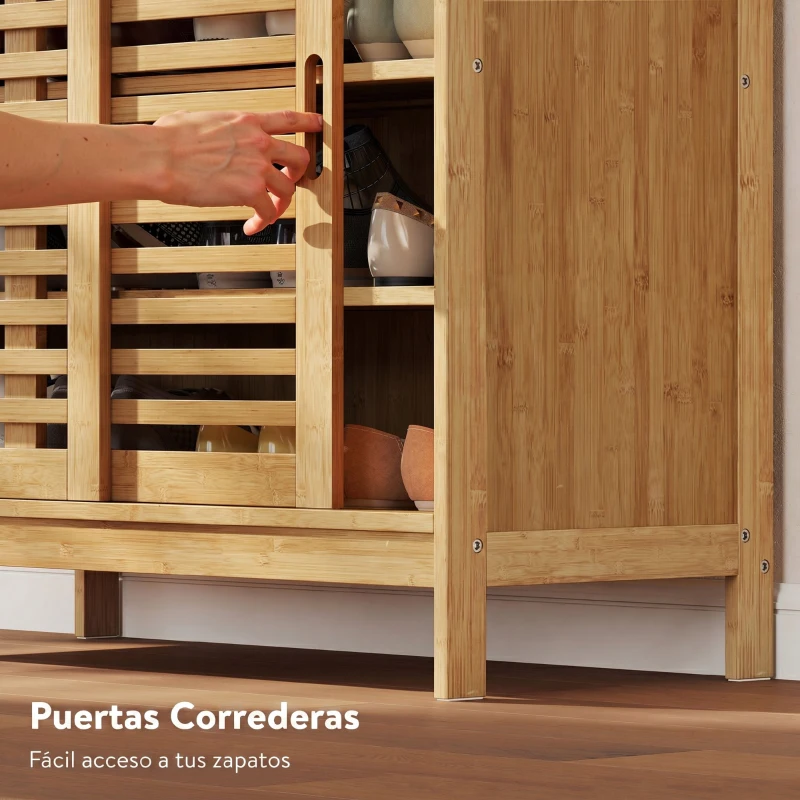 HOMCOM Zapatero con 2 Puertas Correderas de Lamas Estantes Ajustables para 16 Pares de Zapatos 80x35x80 cm Natural