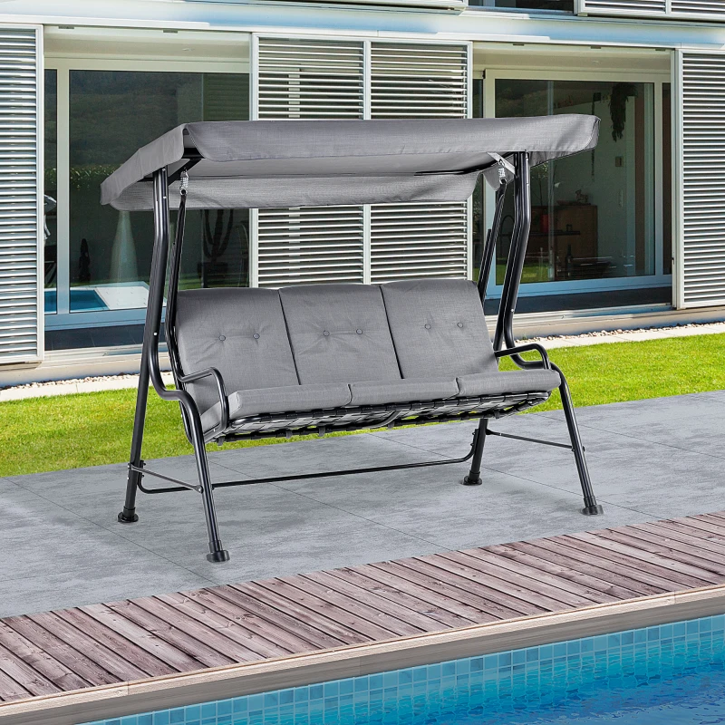 Outsunny Balancelle de Jardin 3 Places Grand Confort Toit Inclinaison réglable épais Coussins Amovibles Polyester Acier époxy Gris