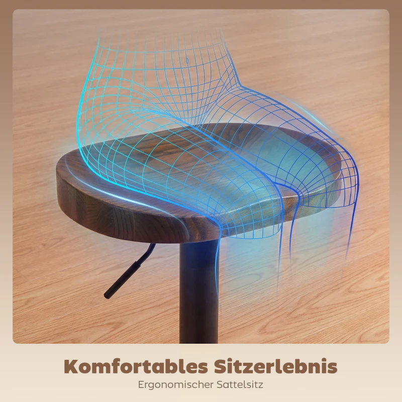 HOMCOM Barhocker Set aus 2, Höhenverstellbare Barstühle mit Sattelsitz aus Ulmenholz in Dunkelbraun