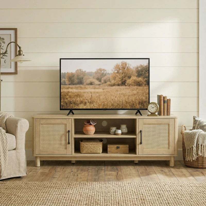 HOMCOM Meuble TV 135 cm, meuble télé pour téléviseur jusqu'à 65 pouces avec 2 portes en rotin, 2 compartiments ouverts, chêne