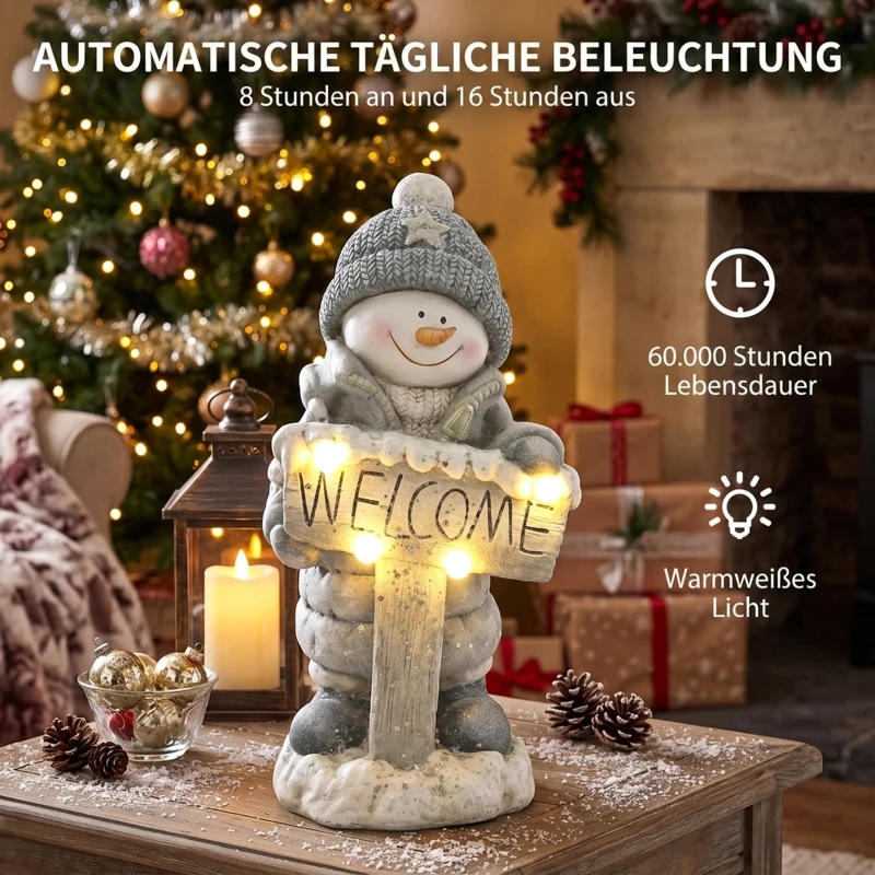 HOMCOM Dekoracja świąteczna: figurka bałwanka, podświetlana statuetka z MGO z tabliczką „Welcome”, diody LED i 24-godzinny timer