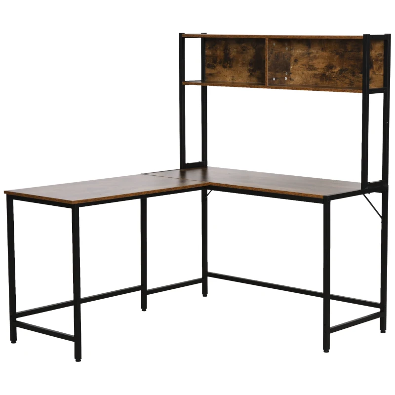 HOMCOM L Shaped Desk with Book Shelf, Industrial Corner Computer Desk, Writing Table with Steel Frame for Home Office, Bedroom, Study Room, 140 x 125cm, Brown