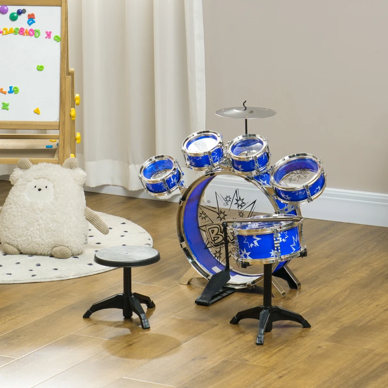 AIYAPLAY Set Batteria per Bambini con Grancassa con Pedale, Tamburi, Piatto e Sgabello, Età 3-6 Anni, Blu