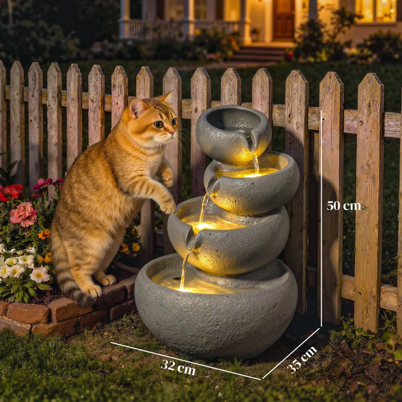 Outsunny 4-Tier Water Fountain Outdoor, Garden Water Feature with LED Lights and Pump, Freestanding Resin Waterfall for Patio