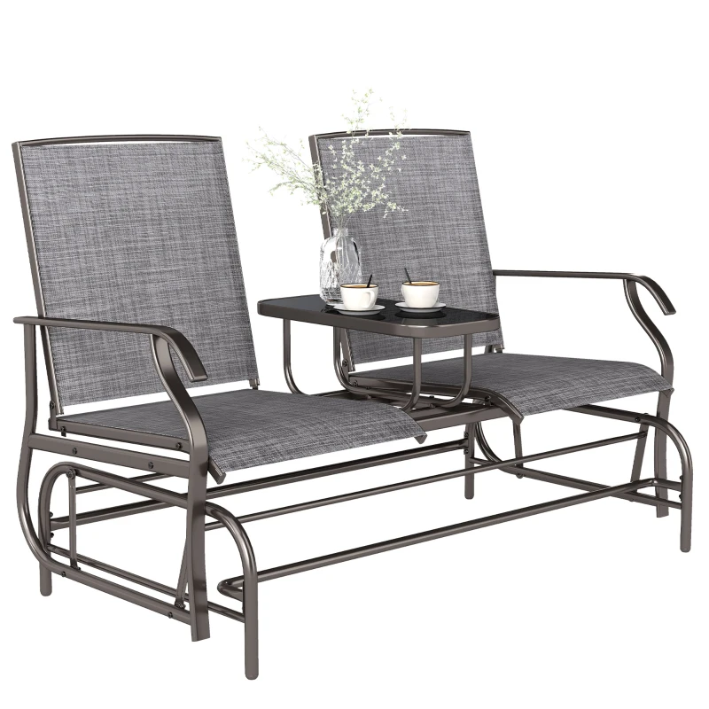 Outsunny 2 Seats Garden Glider Bench, Metal Frame Loveseat with Glass Top  Centre Table, Porch Rocking Glider for 2 Person, for Deck, Patio, Brown/ Grey