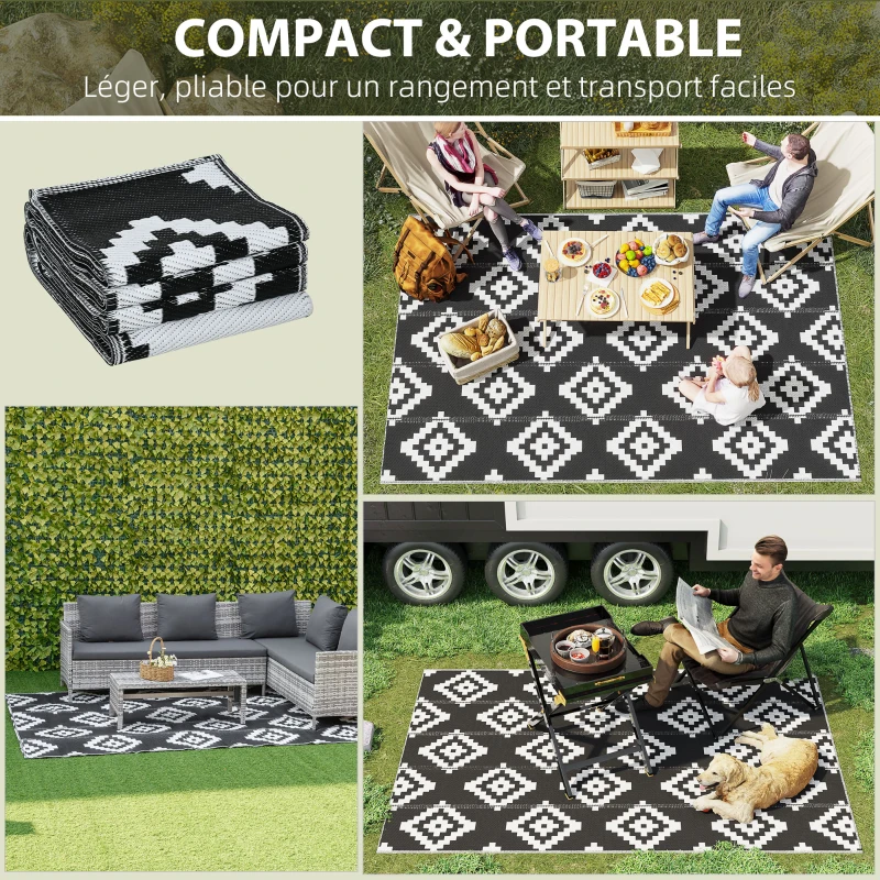 Outsunny Tapis extérieur Style Graphique - Tapis réversible 2 Motifs - dim. 2,74L x 1,82l m - PP Haute densité 310 g/m² Noir Blanc
