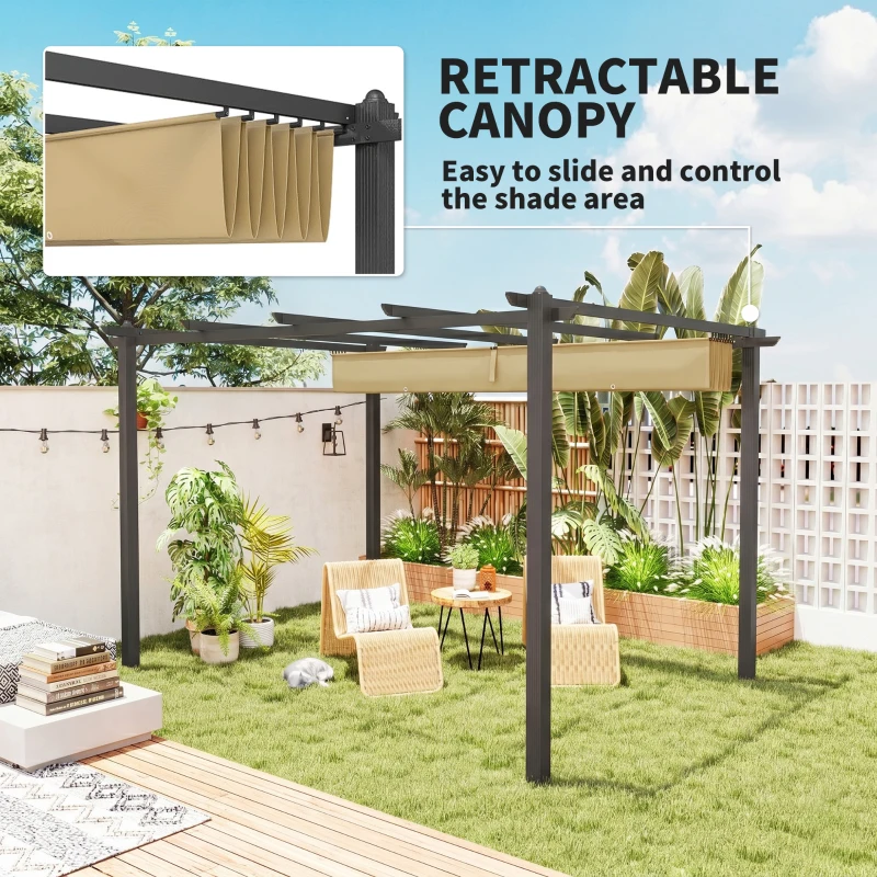 Outsunny 3 x 4m Aluminium Pergola, with Retractable Roof - Khaki