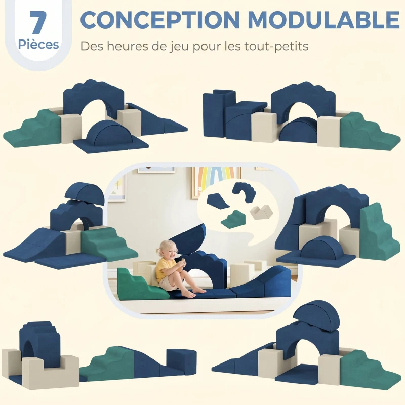 AIYAPLAY Parcours motricité bébé 7PCS, module en mousse avec housse en velours et base antidérapante, bleu