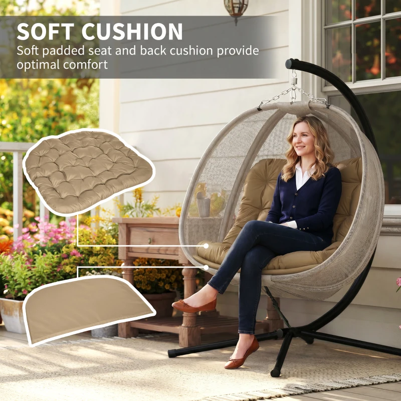 Outsunny Double Hanging Egg Chair 2 Seaters Texteline Swing Hammock Chair with Stand, Cushion and Folding Design, for Indoor and Outdoor, Brown