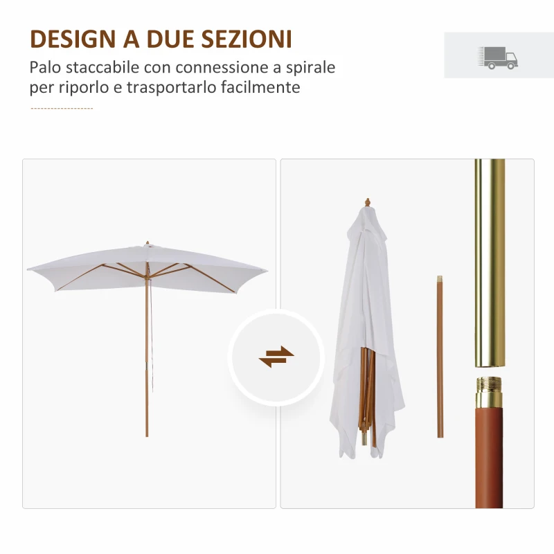 Outsunny Ombrellone m da Giardino 2x3 in Legno Laccato con Copertura Rimovibile, Bianco