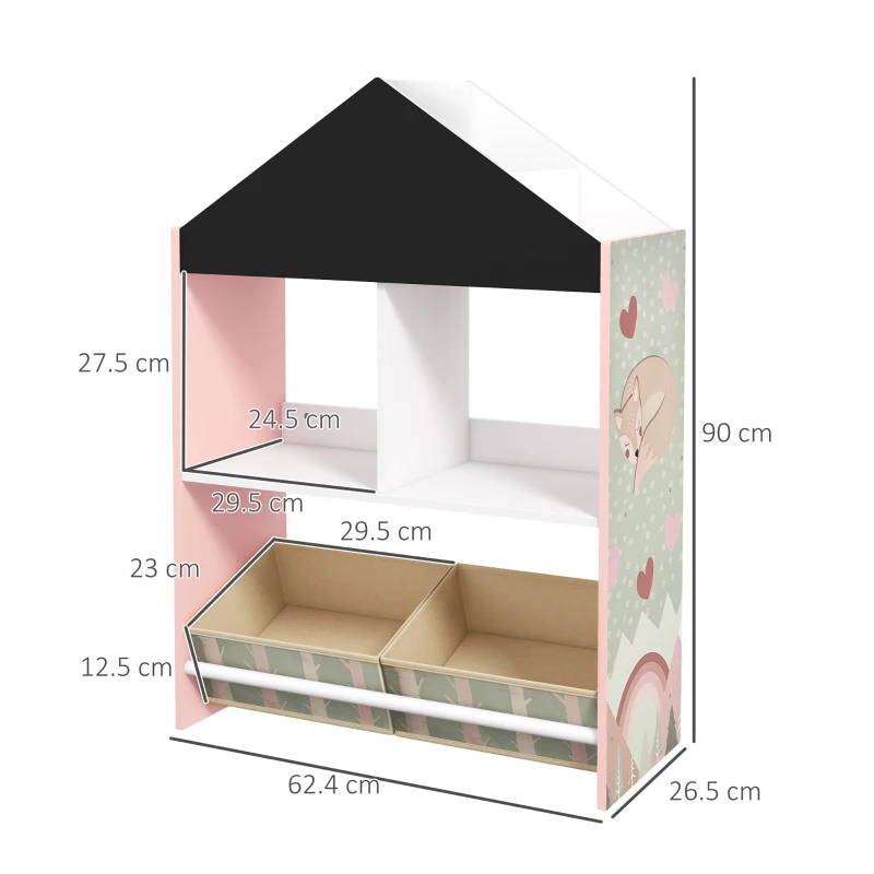 ZONEKIZ Organizador Infantil Estantería para Juguetes con Estantes Abiertos y 2 Cajas Extraíbles 62,4x26,5x90 cm Rosa