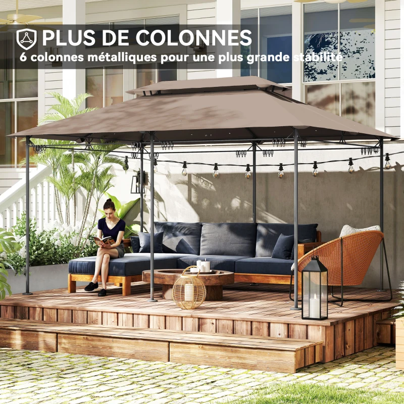 Outsunny Tonnelle de jardin extérieur pavillon 6 colonnes double toit 12 oeillets de drainage en métal 3x4m kaki