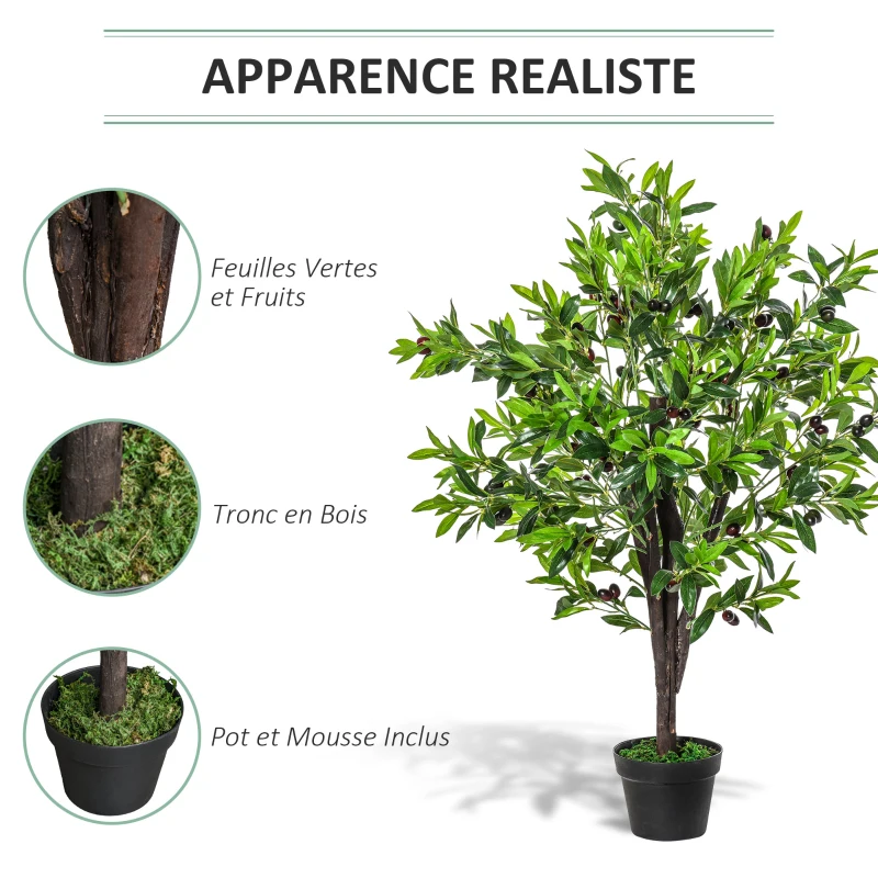 Outsunny Arbre Artificiel Olivier Plante Artificiel Hauteur 1,2 m Tronc Branches Lichen Feuilles Grand réalisme Pot Inclus
