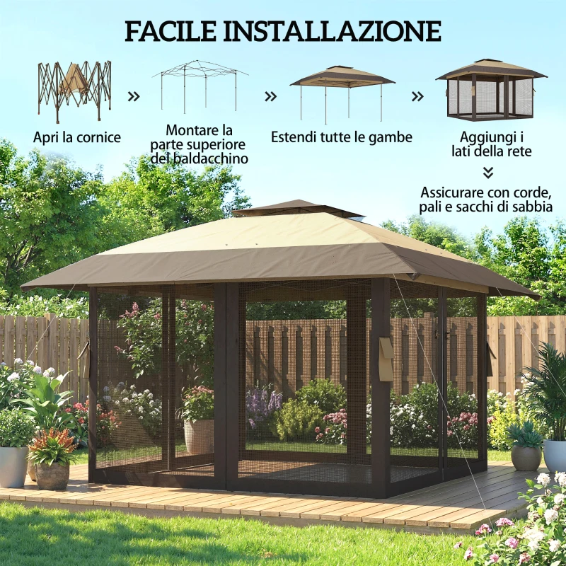 Outsunny Gazebo Pieghevole 4x4 m con 4 Zanzariere Laterali, Doppio Tetto e Sacchi di Sabbia, Cachi e Marrone