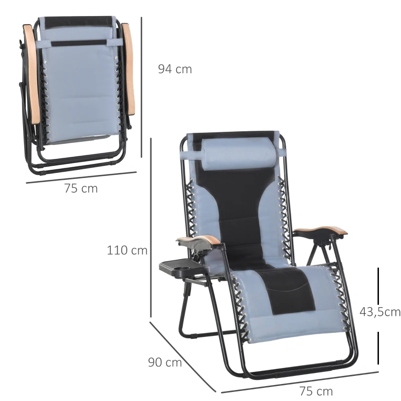 Outsunny Chaise Longue Pliable zéro gravité Dossier réglable Tablette tétière métal époxy Polyester Coton Gris Noir