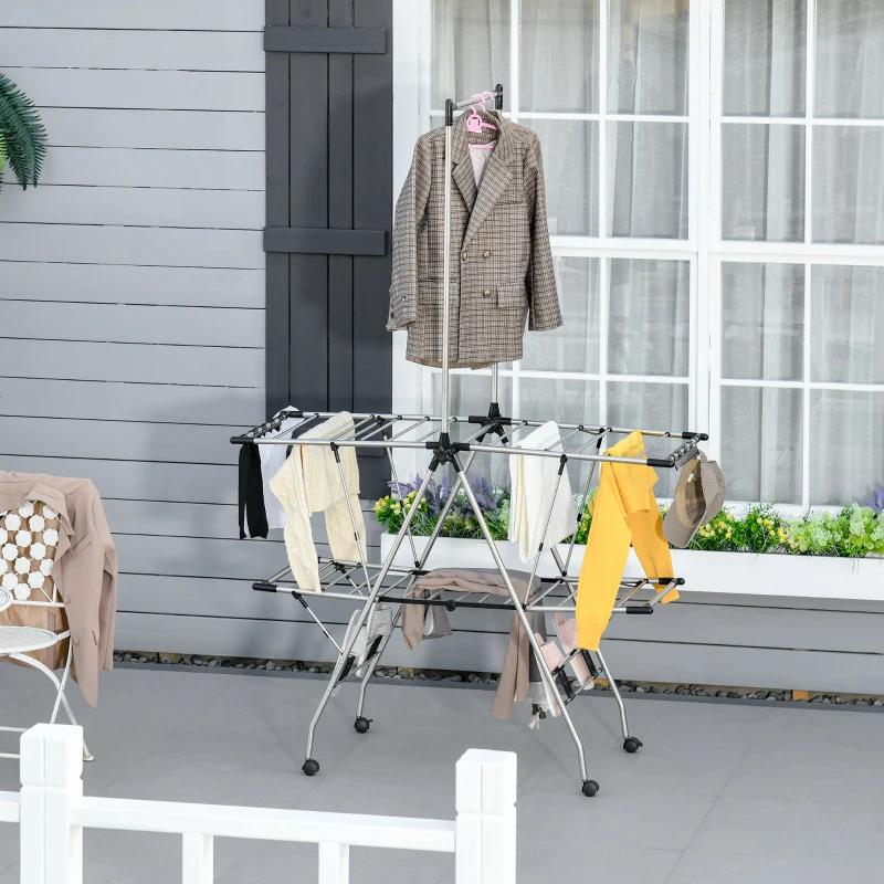 HOMCOM Séchoir à linge étendoir pliable avec roulettes grand espace d'étendage acier inoxydable 138,5 x 63 x 208 cm
