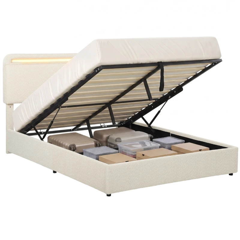 HOMCOM Pat cu spațiu de depozitare 140 x 190 cm, LED RGB, Tăblie Reglabilă, Cadru de Pat Dublu Căptușit Catifea, Depozitare Hidraulică, Crem