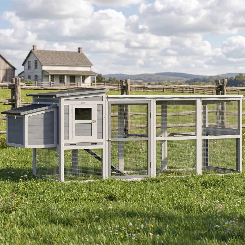 PawHut Hühnerstall Hühnerhaus für 3-4 Hühner mit Auslauf Nistkasten Asphaltdach Oxford-Abdeckung Auszugsschublade 264x82x89cm Grau
