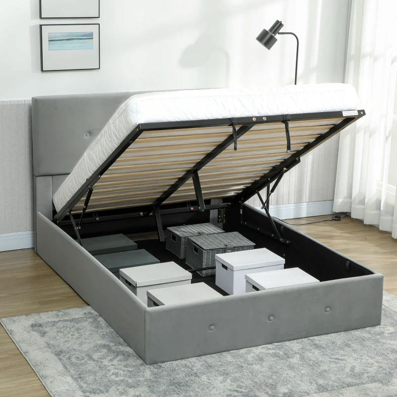 HOMCOM Letto Contenitore con Spazio a Scomparsa e Testiera Vellutata a Trapunta, in Legno e Metallo, 195x141x106 cm, Grigio