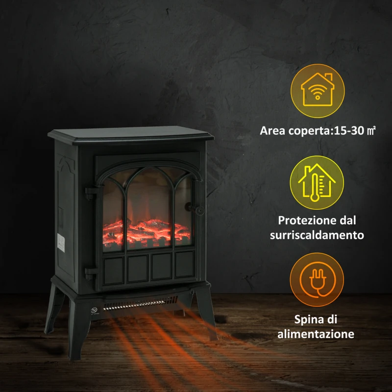 HOMCOM Camino da Terra Elettrico Potenza 1000W / 2000W con Effetto Fiamma Luminosità Regolabile, Caminetto Elettrico con Temperatura Regolabile e Protezione Anti Surriscaldamento, 39x23x56.5cm, Nero
