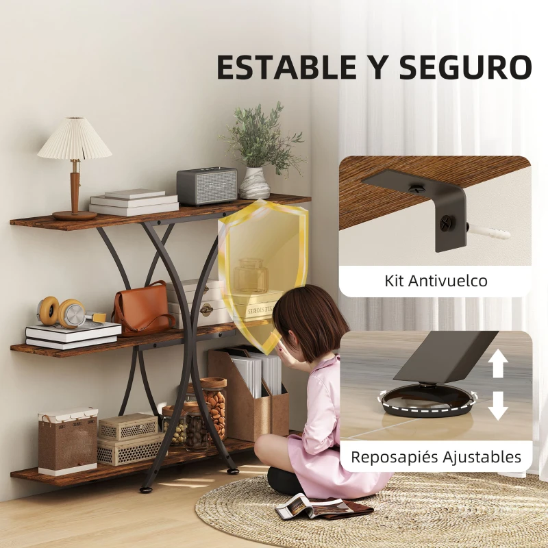 HOMCOM Mesa de Consola Mesa de Sofá con 2 Estantes Abiertos y Marco Metálico en X Estilo Industrial Marrón Rústico