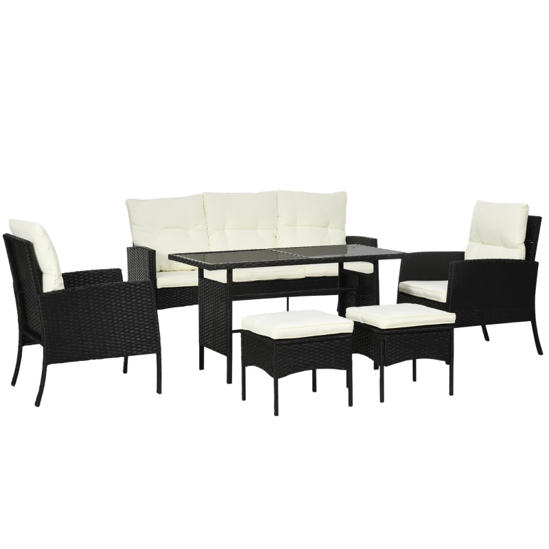 Outsunny 7 Seater Rattan Garden Furniture Set, 6 Piece Garden Dining Set, Armchairs, 3-Seater Sofa, Footstools, Glass Dining Table, Cushions, Wicker Outdoor Furniture for Conservatory Patio, Cream