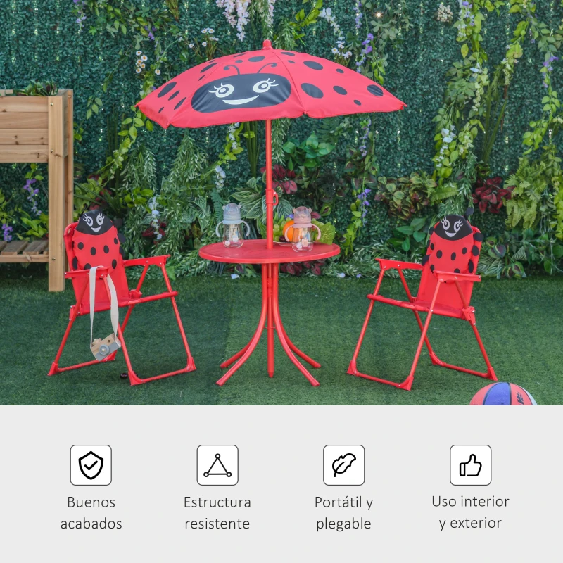 Outsunny Set de Mesa y Sillas Infantil de Jardín Conjunto de Picnic Plegable para Niños Juego de Mesa con Sombrilla Ajustable en Altura de 100-125 cm Diseño de Mariquita Rojo