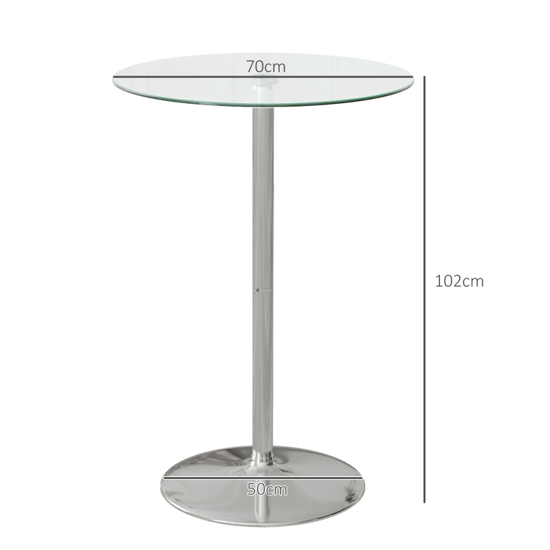 HOMCOM Masă Înaltă de Bar Modernă Rotundă cu Bază din Oțel și Blat din Sticlă, Ø70x102cm, Transparentă