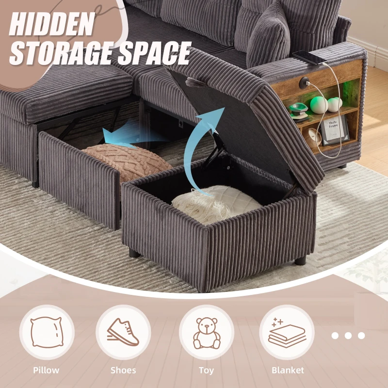 Modern Corduroy Sofa Bed with Pull-Out Bed, Storage and LED Lighting, Plush Sleeper Couch for Living Rooms, 196L × 82W × 85H cm, Dark Gray