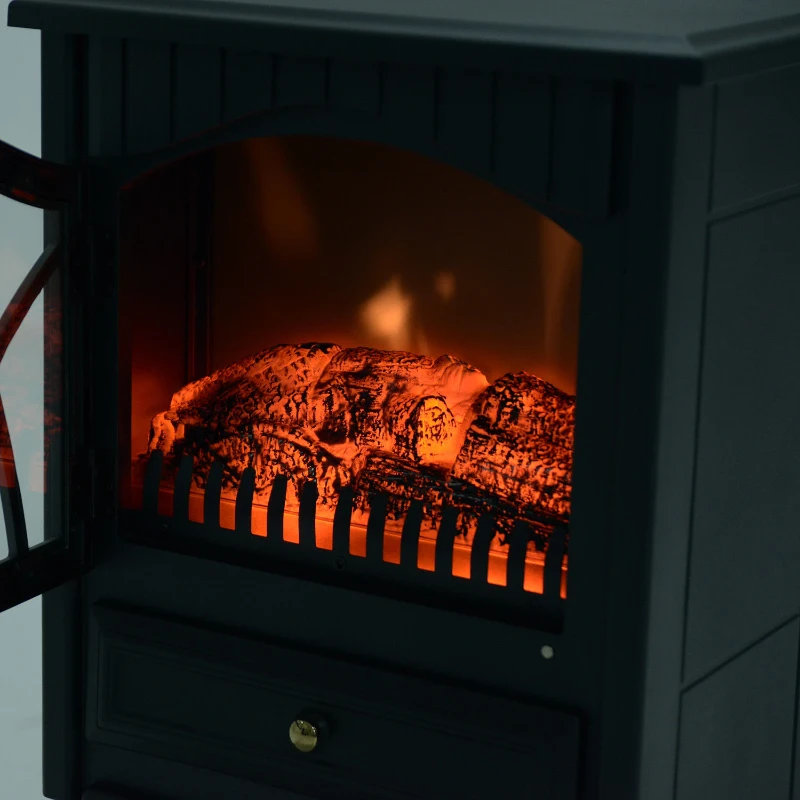 HOMCOM Camino Elettrico con Effetto Fiamma Stile Retrò, Termostato 1000-2000W e Luce Regolabile, Nero