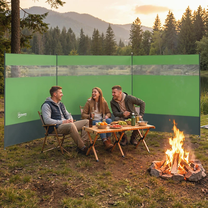 Outsunny Camping Windbreaker with Clear Windows, Carry Bag and Steel Poles, for Beach Caravan Campervan, 440 x 140cm, Army Green