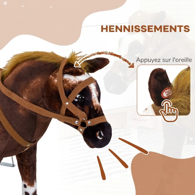 HOMCOM Cheval Debout en Peluche Effets sonores hennissement et Galop Selle étrier rênes 85L x 28l x 60H Marron Blanc(m-5)
