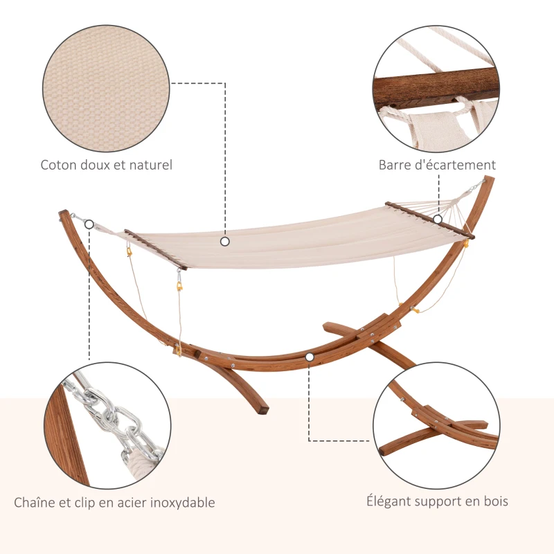 Outsunny Hamac avec support bois hamac sur pied extérieur 4 cordes de sécurité charge 120 kg bois naturel et blanc