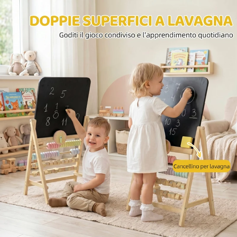 AIYAPLAY Lavagna per Bambini Cancellabile in Legno con Cavalletto, Orologio, Abaco, Cancellino, 2+ Anni, Color Legno