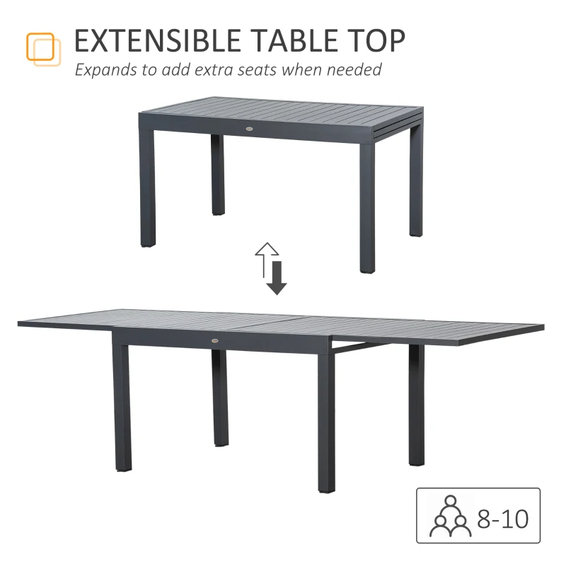 Outsunny Extendable Garden Table 135-270cm x 90cm x 75cm, 10 Seater Outdoor Dining Table with Aluminium Frame for Lawn, Balcony and Backyard, Grey