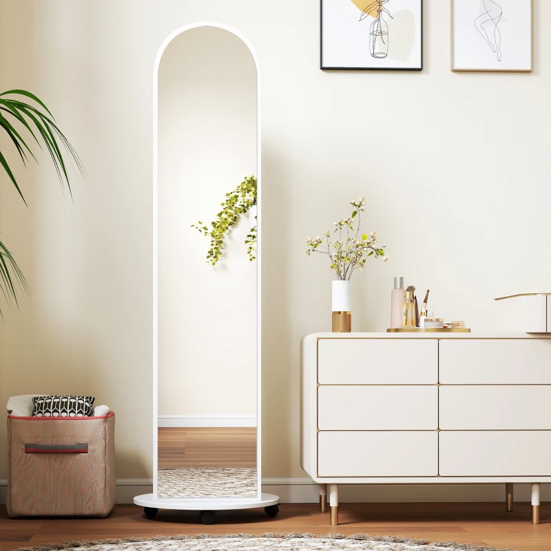 HOMCOM 2-in-1 Full Length Mirror with Storage Shelves, Floor Mirror with 4 Wheels, Coat Rack, Hooks, White
