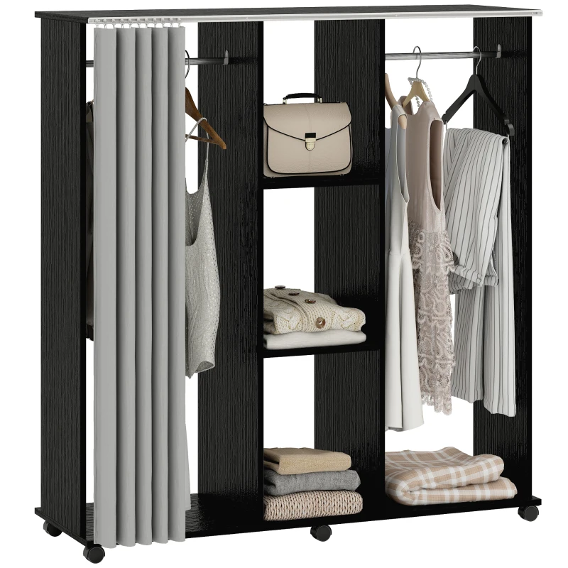 HOMCOM Armoire penderie Meuble de Rangement Mobile 6 roulettes 120L x 40l x 128H cm en bois Noir